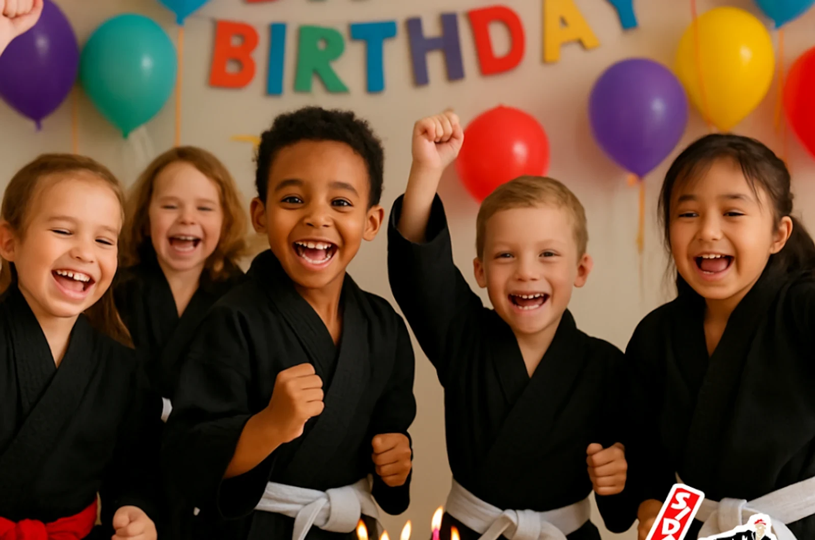 Kids enjoying a martial arts birthday party at Side Kicks Karate